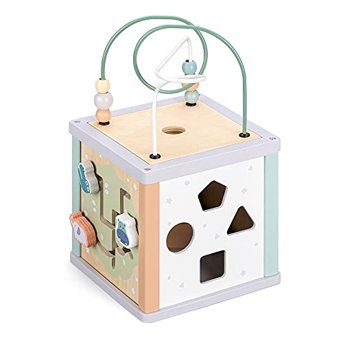 Navaris Cube d'activité en Bois – pour Enfants de Plus de 18 Mois – 5 activités d’éveil en 1 – Jeux éducatifs boulier Labyrinthe Heure