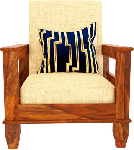 Image of Solid Sheesham Wood 5 Seater Sofa Set with Center Table for Living Room | Wooden 3+1+1 Sofa Set with Coffee Table for Home | Five Seater Sofas with Storage & Cream Cushion | Honey