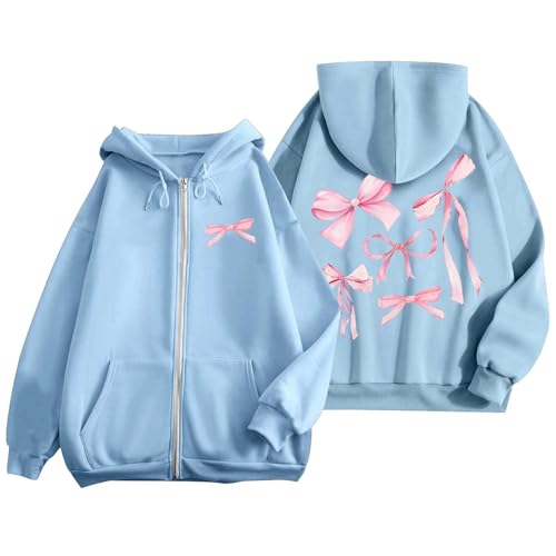 Pink Bow Zip Up Hoodies Long Sleeve Jackets For Women Coquette Casual Aesthetic Cute Preppy Hooded Sweatshirts With Pockets