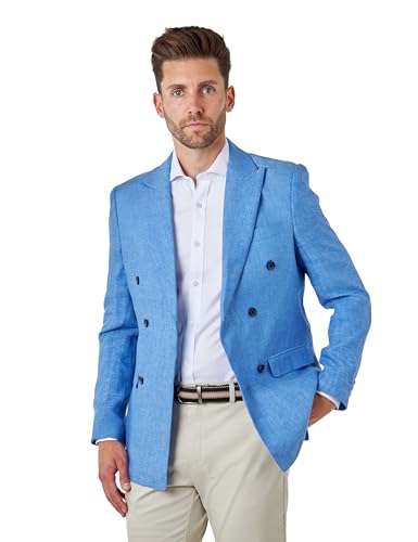 Xposed Tailored Fit Sky Blue Linen Double Breasted Blazer [BLZ-DB-Lewis-Sky-Blue, UK/US 44 EU 54]