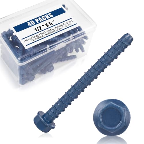 Therwen 40 Pack 1/2 x 5 Inch Concrete Screws Hex Washer Head, Blue