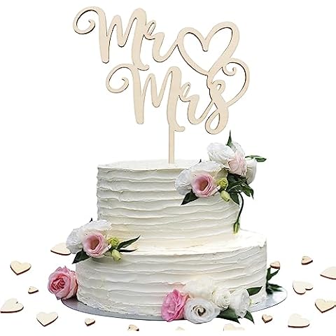 Mr and Mrs Wooden Cake Topper with Hearts Cover
