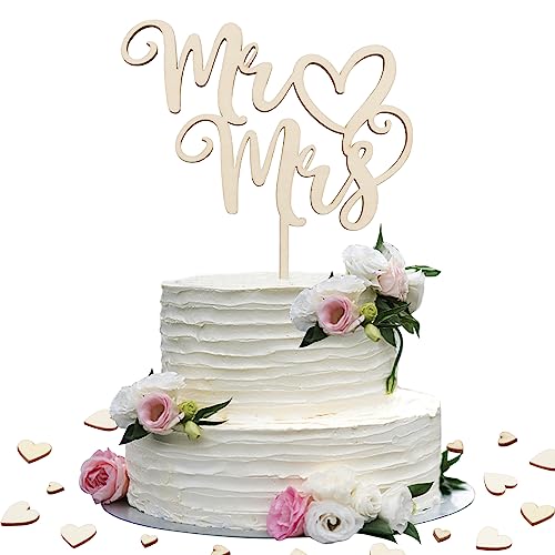 Topper Tarta Boda Mrs Mr Madera + 50pcs Confeti Corazón de Madera Boda Decoración de Tarta Pastel Mesa Aniversario