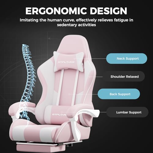 GTPLAYER Gaming Chair with Footrest, Computer Chair with and Lumbar Support, Height Adjustable Game Chair with 360°-Swivel Seat and Headrest and for Office or Gaming (Pink-Fabric)