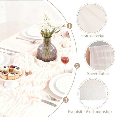 Otauoaea Tischläufer Champagner (8 Stück, 50x300 cm) - Rustikale Gaze Käsetuch Tischläufer im Bali-Gaze mit Faltenwurf für Hochzeit, Gartenparty, Brautparty, Geburtstag & Boho-Deko