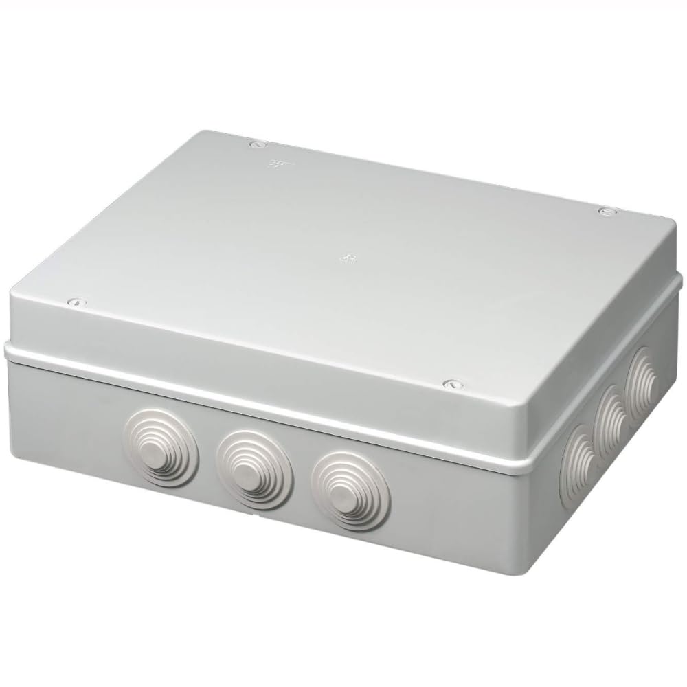 Zewnętrzna skrzynka przyłączeniowa IP55, prostokątna 380 x 300 x 120 mm, skrzynka na okablowanie instalacji elektrycznej, wodoszczelna, szara, przelotka kablowa do wlotu rur, falistych i tulejek