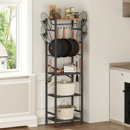 MAHANCRIS 4-Tier Pot Rack, Pots and Pans Organizer for Kitchen Corner, Kitchen Storage Rack with U-Shaped Lid Holders, Freestanding Cookware Stand, Rustic Brown and Black POHR3001