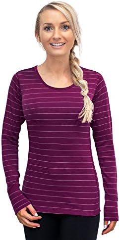 Woolx Women's Hannah Midweight Merino Wool Base Layer Shirt, Mulberry Stripe, X-Small