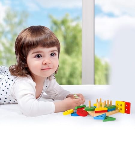 Image of SHINETOY ENTERTAIN KIDS Wooden Stackable Blocks & Shape Sorting Board | Geometric Shape Stacker | Eco-Friendly & Non-Toxic Wooden Toy | Early Childhood Development Toys for Fine Motor Skills, 16 Pcs