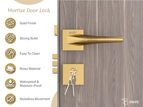 Image of GLOXY Zinc Door Locks for Main Door, Mortise Door Lock Set with 3 Brass Keys, Bedroom Door Lock for Home,Office, Hotel |Gold Finish (2 Years Warranty, Pack of 1)