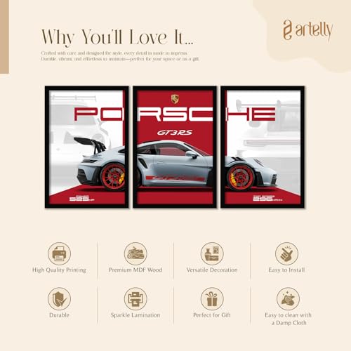 Image of ARTELLY Big Porsche 911 GT3rs Sports Car Framed Wall Posters, Set of 3, Premium Framed Painting, Living Room Bedroom Decoration, Large Size Gift Item for Boys Room Decor (Porsche 2, 10x13 inch)
