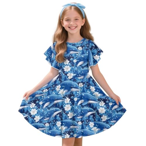 Girls Midi Dresses Toddler Girl Flowy Summer Dress Crewneck Ruffle Sleeve Sundress Fashion Clothes 3-14Y