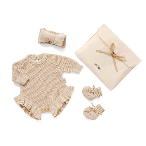 Avibae Cotton Newborns Set with Knit Sweater Hair Band Booties for Baby Girls Infant Coming Home 3 Piece Set (Light Camel 0-1 Months)