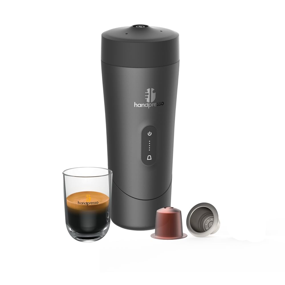 Handpresso Auto | cafetera a batería - USB/C | cafetera de viaje premium para coche, furgoneta y uso outdoor | funciona con cápsulas espresso compatibles y recargables | prepara Espresso y Lungo