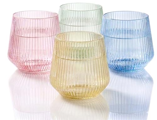Image of 40 Pack Disposable Stemless Plastic Wine Glasses 12 oz - Origami Ribbed Shatterproof Reusable BPA-Free Recyclable Unbreakable Cocktail Cups, Champagne Wedding Birthday Party, Oojami (Color Collection)