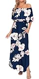 AUSELILY Womens Off The Shoulder Dress Summer Casual Long Ruffle Party Side Split Beach Maxi Dresses with Pockets New Flower Blue 2XL