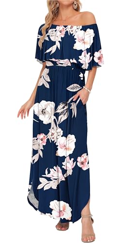Image of AUSELILY Womens Off Shoulder Ruffle Split Summer Maxi Dresses with Pockets | Off-shoulder Ruffle dress with empire waist & side split for summer beach and casual parties