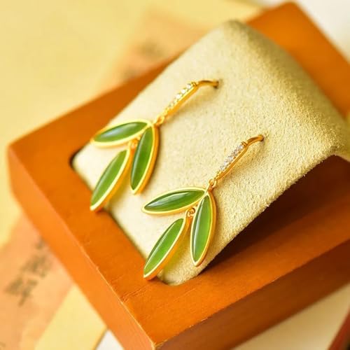 Pendientes de botón de plata S925, jade verde y hojas de bambú 4