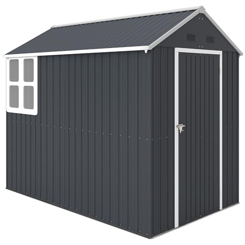 Outsunny Geräteschuppen 4㎡, Stahl Gartenhaus mit Fenster 259 x 172 x 222 cm abschließbares Gerätehaus, Gartenschrank für Terrasse, Balkon, Dunkelgrau