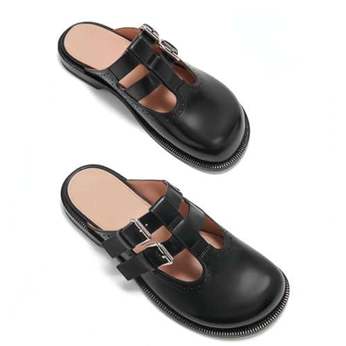 Flats Mules for Women Round Toe Low Heel Sandals Baotou Double Belt Buckle Mary Jane Flat Slip-on Backless Comfortable Casual Walking Dress Party Soft Shoes4