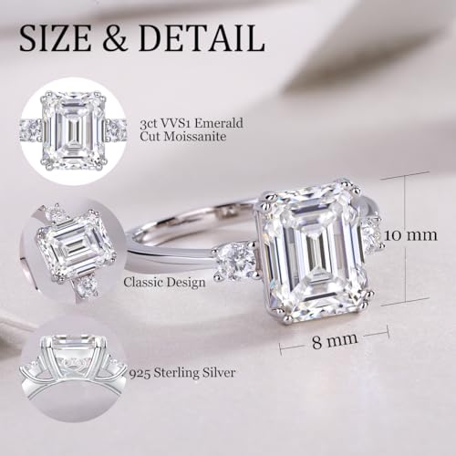 3ct Moissanite Engagement Ring for Women, 10 * 8MM Main Stone, D Color VVS1 Emerald Cut Moissanite Wedding Promise Proposal Ring for Women Wife Anniversary Bridal Gift, All Size4