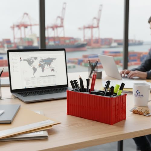 Image of Shipping Container Pen Stand, Container Style Desk Organizer Pen Stand for Office Table Shipping Company, Unique Tabletop for Gifting (Red)