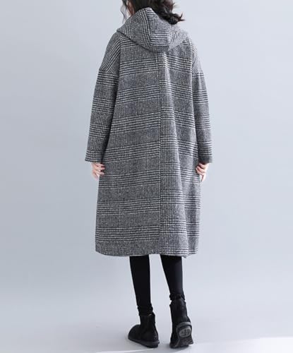 chouyatou Women's Retro Houndstooth Plaid Single Breasted Long Wool Coat with Hood4