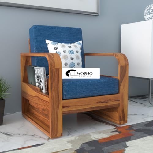 Image of Solid Sheesham Wooden 1 Seater Sofa for Living Room | Sofa with Side Pocket Storage & Cushion | Rosewood Sofa Set for Home (Honey with Blue Cushion, 1 Seater)
