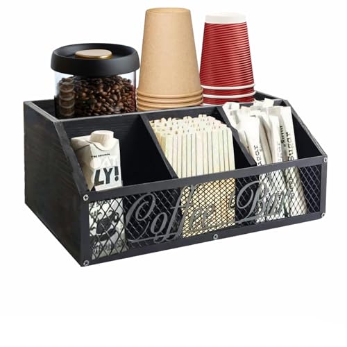 DearyHome Coffee Station Organizer for Countertop, Coffee Pods Holder Storage Basket - Rustic Wood Coffee Bar Accessories with 4 Compartments for K cup, Syrup, Stirrer, Tea Bags