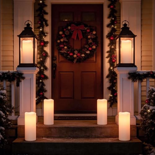 Image of GenSwin Outdoor Candles with Timer Waterproof, Large Pillar Battery Operated Candles with Remote Timer, 12 inch x 5 inch LED Flameless Candle for Indoor Outdoor Lanterns Patio, IP65 Waterproof (Set of 2)
