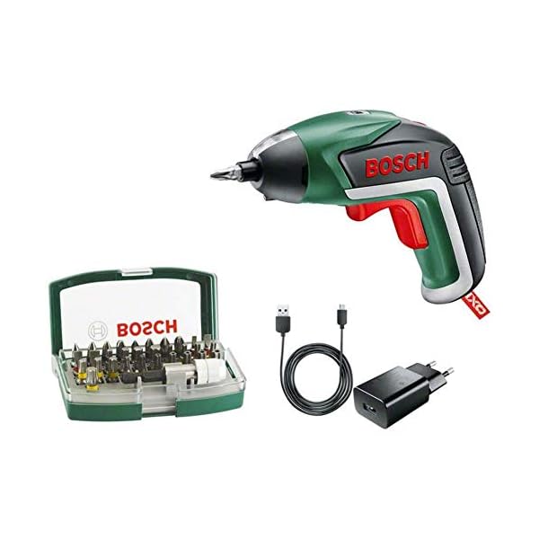 Bosch IXO Akku-Schrauber, mit 32-teiligem Schrauberbit-Set, Micro-USB-Ladegerät,