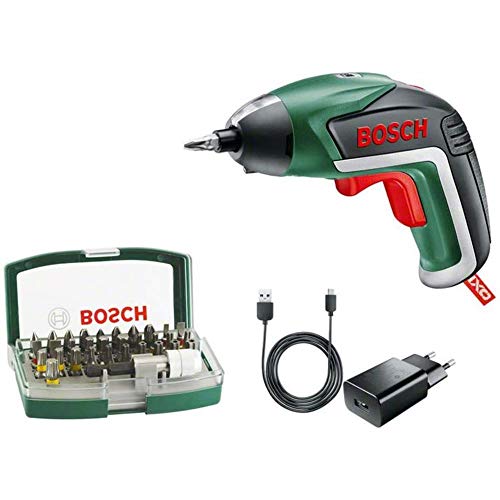 Bosch IXO Akku-Schrauber, mit 32-teiligem Schrauberbit-Set, Micro-USB-Ladegerät,