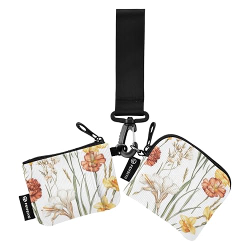 Monedero doble blanco con diseño de narciso de flores de otoño, monedero con tarjetero de crédito, monedero con cremallera y correa de muñeca para hombres y mujeres, 2 piezas, Flor de otoño narciso
