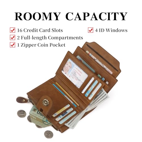 Image of Wallet Women,RFID Blocking Leather Womens Wallet Bifold Compact Card Holder Small Wallet for Women with Removable ID Window zsbrown