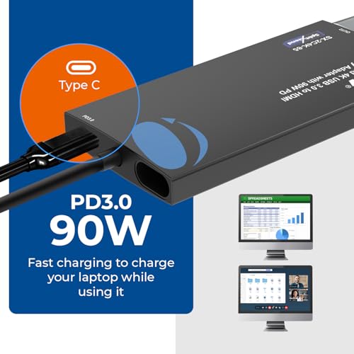 Image of OREI SplitExtend 4K HDMI Splitter Extended Display for Dual Monitor with PD | Multi-Monitor Display 3 Separate Screens - USB A & USB-C Adapter to HDMI 2.0, 4K@60hz, 90W PD Charger