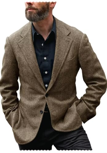 Men's V-Neck Herringbone Blazer 2-Buttons Business Casual Tweed Blend Sports Jacket4