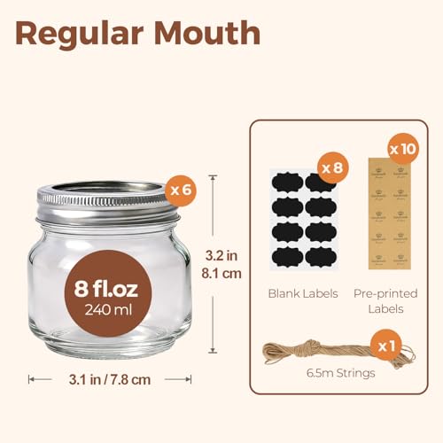 Image of ComSaf 8 oz Regular Mouth Mason Jars,6Pcs Glass Jars for Home Cooks Making Jam and Jelly, and Crafters Creating DIY Candles and Party Favors, Canning Jar with Lids and Rings，Includes Labels & Twine