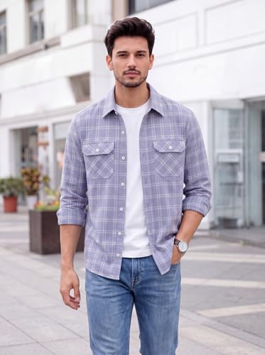 Image of Amazon Brand - INKAST Men's Cotton Blend Button Down Shirt || Long Sleeve Casual Flannel Check Shirt || Soft Breathable Lightweight Collared Shirts with Two Flap Chest Pockets || Stylish Everyday Wear