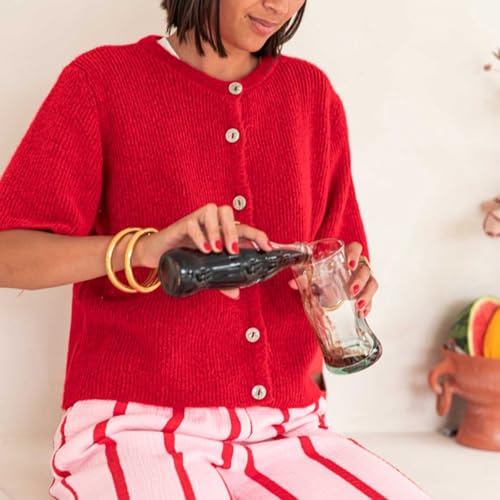 Image of Womens Button Up Short Sleeve Cardigans Sweater Cropped Lightweight Round Neck Elegant Knit Tops with Pockets