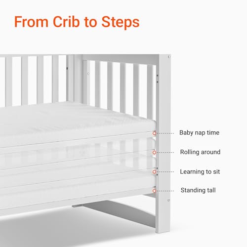 Image of MAMAZING EvoNest 11-in-1 Convertible Baby Crib with Wheels | Full Size Crib & Growing Bed, GREENGUARD Gold Certified, New Zealand Pine Wood, 4 Adjustable Heights, Rocking Mode, White