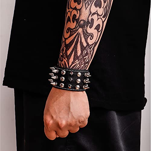 MILAKOO 2 Pcs Black Wristband Cuff Belt Bracelet Bangle Leather Rope Black Punk Rock Bracelet 6-8"4