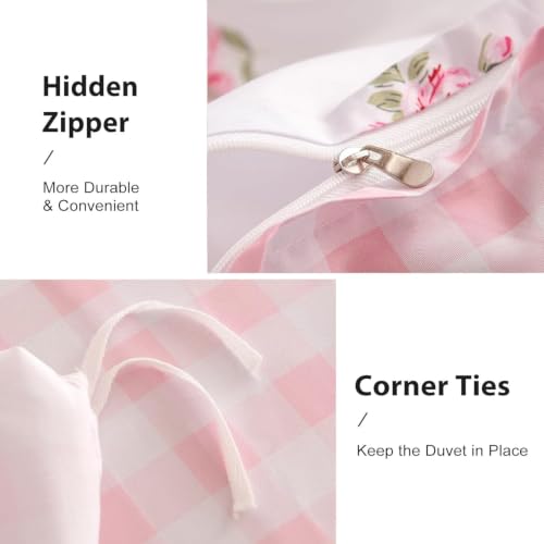 Image of Duvet Cover Twin Pink White Floral Plaid Reversible Bedding Set