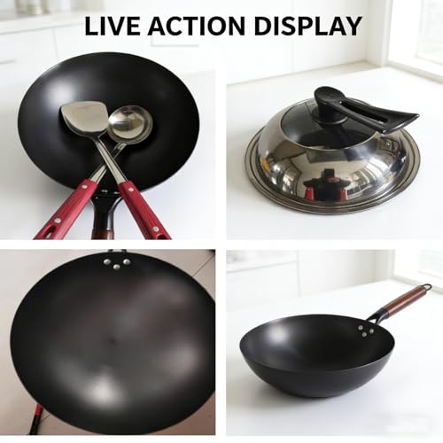 Wok de acero carbono forjado con tapa y mango de madera miniatura 5