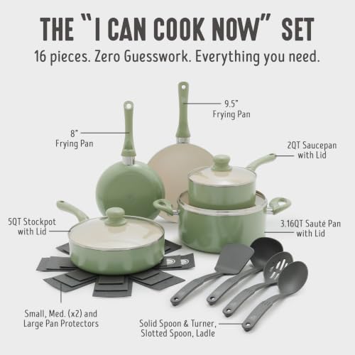 Image of GreenLife 16pc Ceramic Nonstick Pots & Pans Cookware Set, Sage Green | PFAS-Free Nonstick Coating, Stockpot, Frying Pans, Saucepan, Saute, Induction Ready, All Stovetop Compatible, Dishwasher Safe