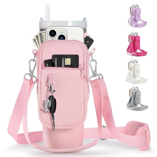 Image of linmaya Water Bottle Carrier Bag with Phone Pocket for Stanley Cup 40 /30oz,Insulated Neoprene Water Bottle Holder Cross-boday Bag with Adjustable Shoulder & Handheld Strap Stanley Cup Accessories