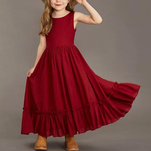 Girls Maxi Dress Ruffle Flowy Swing Boho Summer Dresses Sleeveless Crewneck Casual Long Sundress 2025 Trendy2