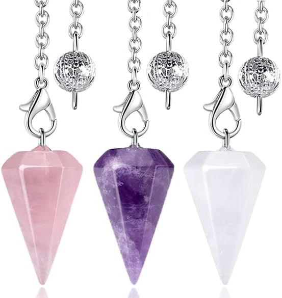 DUQGUHO 3 Pcs Crystal Pendulums Set for Divination Dowsing Natural Amethyst Rose Quartz Clear Quartz Healing Crystal Quartz Reiki Gemstone Pendants Witchcraft Wiccan Accessories