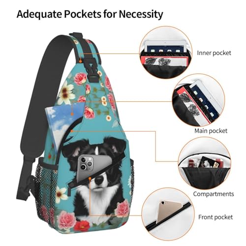 Mochila cruzada floral Border Collie, unisex, negra miniatura 4
