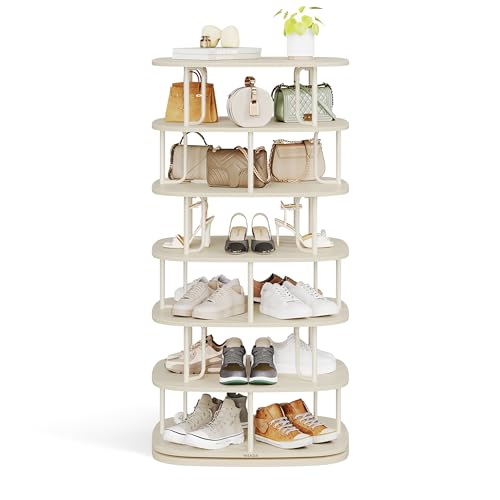 VASAGLE 7-Tier Shoe Rack, Rotating Shoe Rack Tower, Shoe Closet Organizer, Shoe Shelf, 28-35 Pairs, 23.6 x 23.6 x 47.2 Inches, for Entryway, Living Room, Closet, Cream White ULBS041W01
