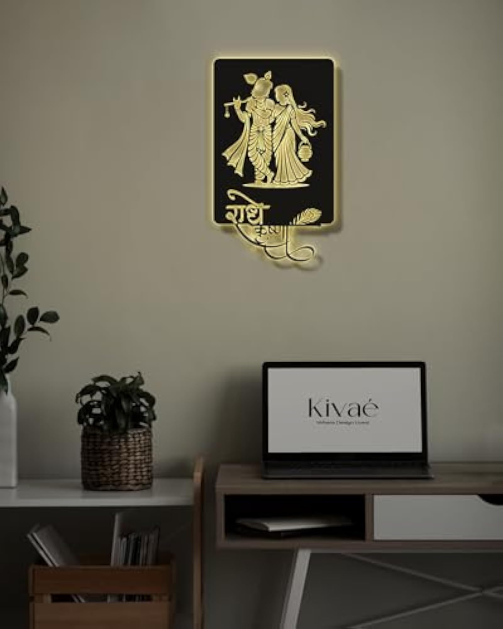 Radha Krishna Wooden Neon Light Backlit Wall Art